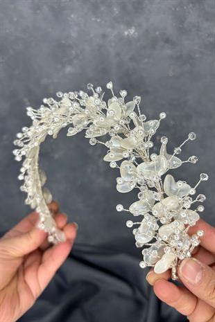 Verassi Mine İşlemeli Sedefli Kristalli Gelin Tacı Saç Aksesuarı