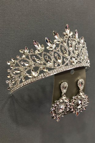 Verda Gümüş Rengi Gelin.Kına Tacı ve Küpe Takımı