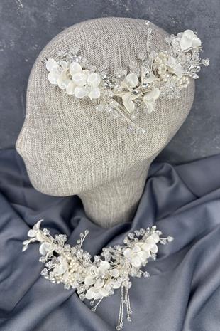 Verdage Yoğun İşlemeli Sedefli Kristalli 2 Li Gelin Tacı Saç Aksesuarı