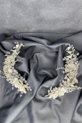 Verdage Yoğun İşlemeli Sedefli Kristalli 2 Li Gelin Tacı Saç Aksesuarı