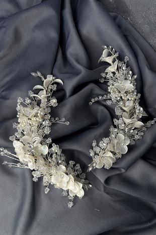 Verdage Yoğun İşlemeli Sedefli Kristalli 2 Li Gelin Tacı Saç Aksesuarı