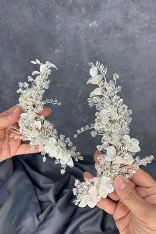 Verdage Yoğun İşlemeli Sedefli Kristalli 2 Li Gelin Tacı Saç Aksesuarı