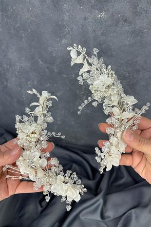 Verdage Yoğun İşlemeli Sedefli Kristalli 2 Li Gelin Tacı Saç Aksesuarı