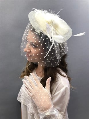 Cream Lace Gloves-Point Voile Wedding Hat Face Veils