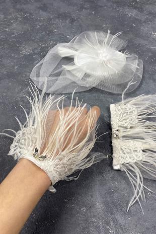 Voile Wedding Hat Bridal Accessory And Beren Feathered Couple Wrist Accessory