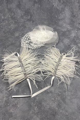 Voile Wedding Hat Bridal Accessory And Asel Feathered Double Wrist Accessory