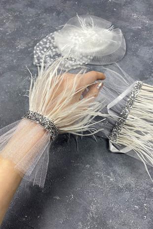 Voile Wedding Hat Bridal Accessory And Beren Feathered Double Wrist Accessory