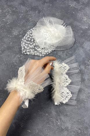 Voile Wedding Cap Bridal Accessory And Lavin Feather Double Wrist Accessory