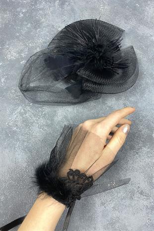 Voile Wedding Hat Bridal Accessory And Lavin Feather Wrist Accessory