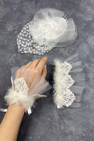 Voile Wedding Cap Bridal Accessory And Lavin Feather Double Wrist Accessory