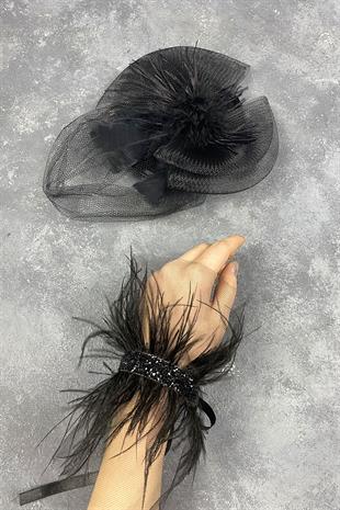 Voile Wedding Hat Bridal Accessory And Asel Feather Wrist Accessory