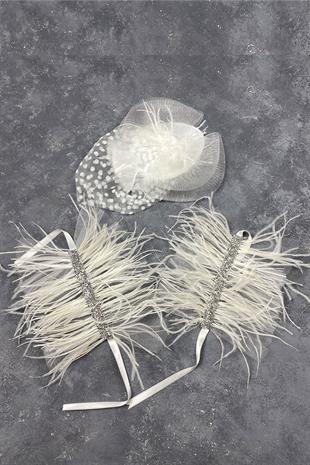 Voile Wedding Hat Bridal Accessory And Asel Feathered Double Wrist Accessory
