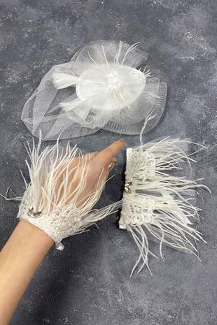 Voile Wedding Hat Bridal Accessory And Beren Feathered Couple Wrist Accessory