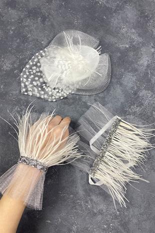 Voile Wedding Hat Bridal Accessory And Beren Feathered Double Wrist Accessory