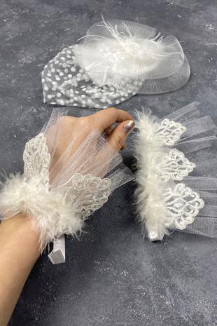 Voile Wedding Cap Bridal Accessory And Lavin Feather Double Wrist Accessory