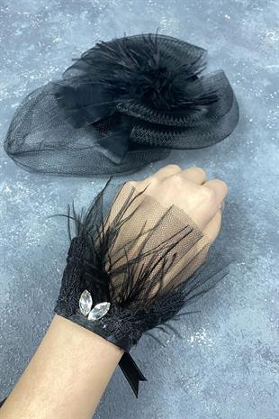 Voile Wedding Hat Bridal Accessory And Lavin Feather Wrist Accessory