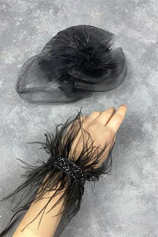 Voile Wedding Hat Bridal Accessory And Asel Feather Wrist Accessory