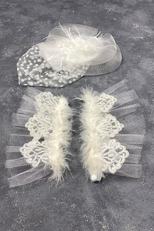 Voile Wedding Cap Bridal Accessory And Lavin Feather Double Wrist Accessory