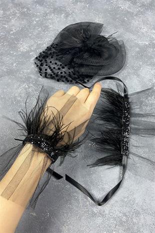 Voile Wedding Hat Hair Accessory And Beren Feathered Double Wrist Accessory