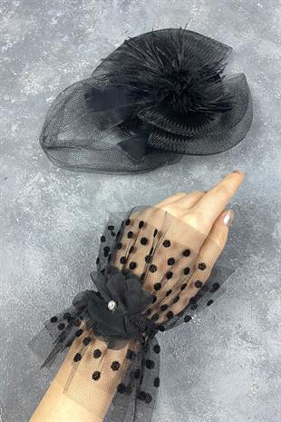 Voile Wedding Hat Hair Accessory And Vera Wrist Accessory With Polka Dots