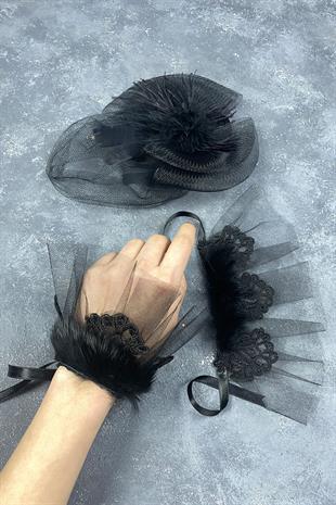 Voile Wedding Hat Hair Accessory And Lavin Feather Double Wrist Accessory