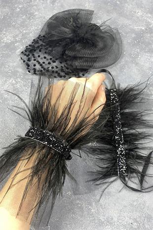 Voile Wedding Hat Hair Accessory And Asel Feathered Double Wrist Accessory
