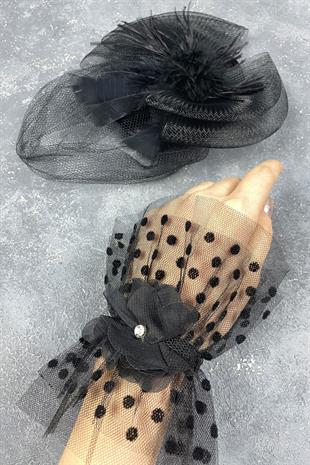 Voile Wedding Hat Hair Accessory And Vera Wrist Accessory With Polka Dots