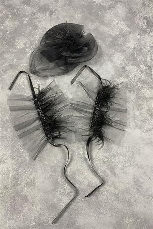 Voile Wedding Hat Hair Accessory And Beren Feathered Double Wrist Accessory