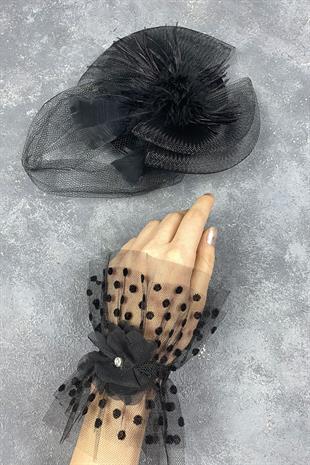 Voile Wedding Hat Hair Accessory And Vera Wrist Accessory With Polka Dots