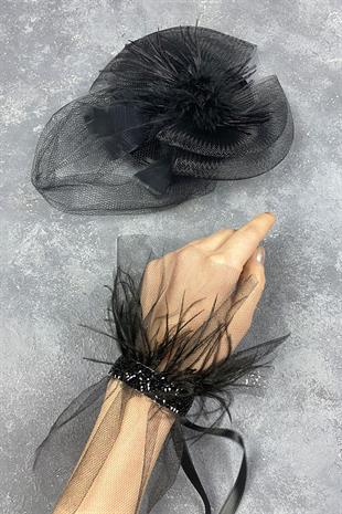 Voile Wedding Hat Hair Accessory And Beren Feather Wrist Accessory