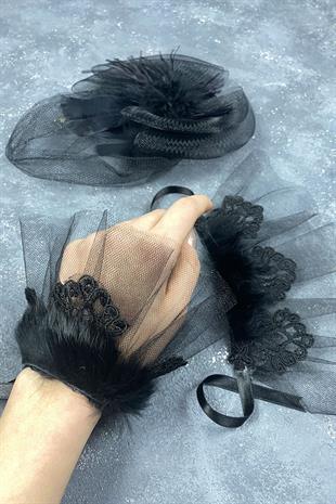Voile Wedding Hat Hair Accessory And Lavin Feather Double Wrist Accessory