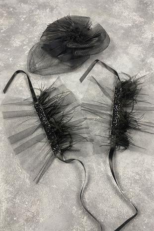 Voile Wedding Hat Hair Accessory And Beren Feathered Double Wrist Accessory