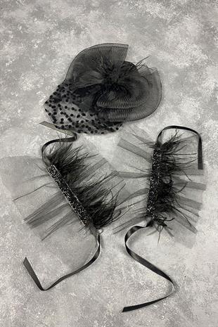Voile Wedding Hat Hair Accessory And Beren Feathered Double Wrist Accessory