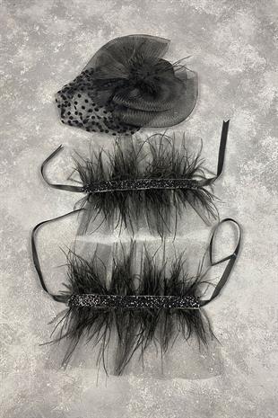 Voile Wedding Hat Hair Accessory And Asel Feathered Double Wrist Accessory