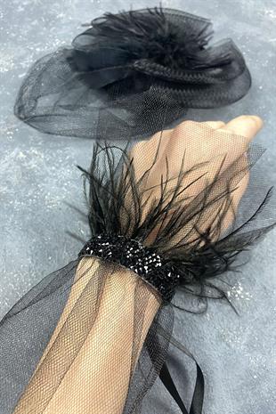 Voile Wedding Hat Hair Accessory And Beren Feather Wrist Accessory