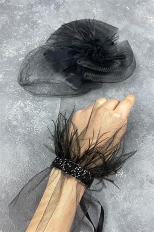 Voile Wedding Hat Hair Accessory And Beren Feather Wrist Accessory