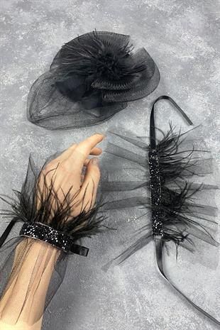 Voile Wedding Hat Hair Accessory And Beren Feathered Double Wrist Accessory