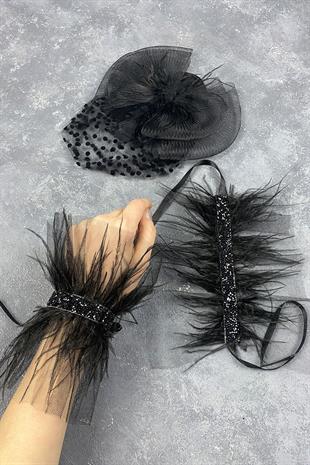 Voile Wedding Hat Hair Accessory And Asel Feathered Double Wrist Accessory