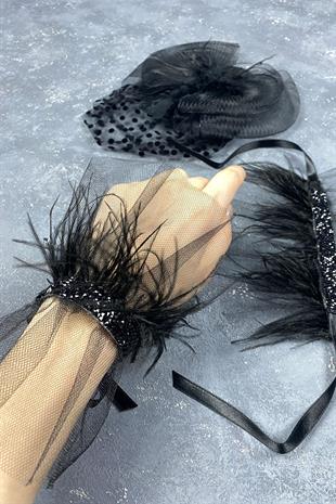 Voile Wedding Hat Hair Accessory And Beren Feathered Double Wrist Accessory