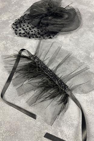 Voile Polka Dot Wedding Cap And Beren Feather Wrist Accessory