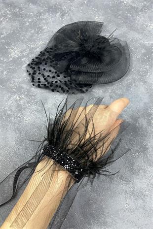 Voile Polka Dot Wedding Cap And Beren Feather Wrist Accessory