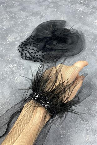 Voile Polka Dot Wedding Cap And Beren Feather Wrist Accessory