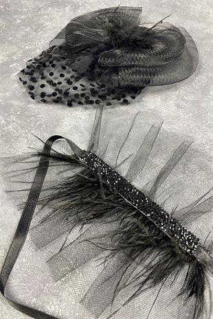 Voile Polka Dot Wedding Cap And Beren Feather Wrist Accessory