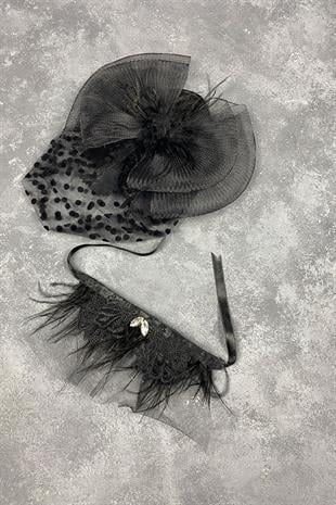 Voile Polka Dot Wedding Hat And Lavin Stone Feather Wrist Bridal Accessory