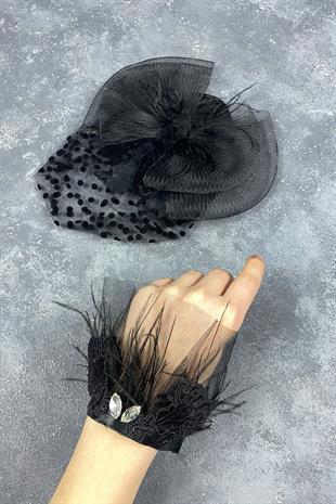 Voile Polka Dot Wedding Hat And Lavin Stone Feather Wrist Bridal Accessory