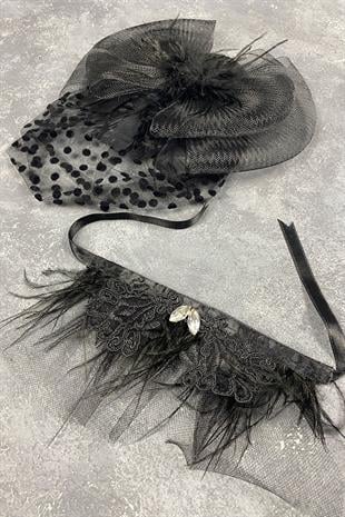 Voile Polka Dot Wedding Hat And Lavin Stone Feather Wrist Bridal Accessory