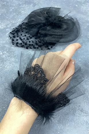 Voile Polka Dot Wedding Cap And Lavin Feather Wrist Accessory
