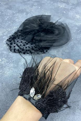 Voile Polka Dot Wedding Hat And Lavin Stone Feather Wrist Bridal Accessory