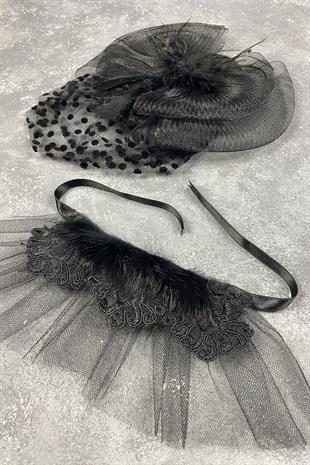 Voile Polka Dot Wedding Cap And Lavin Feather Wrist Accessory