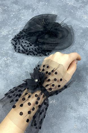 Voile Polka Dot Wedding Cap And Vera Stone Wrist Accessory